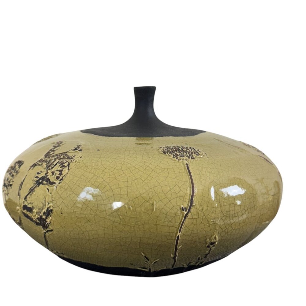 Vintage Unique Raku Pottery Vase with Intricate Crackle Flower Pattern Handmade - Picture 4 of 10